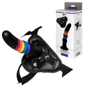 Dream Toys COLOURFUL LOVE - Tęczowy strap-on z uprzężą, Czarny