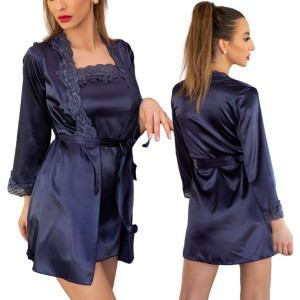 Komplet nocnej bielizny : szlafrok ,koszulka, stringi Jacqueline Navy Blue LC 90249