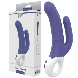 Podwójny wibrator DOUBLE PLEASURE z uchwytem na palec, USB, Niebieski - Dream Toys