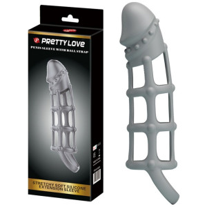 PRETTY LOVE - Penis Sleeve with Ball Strap Nakładka na penisa z opaską, szary Silikonowy