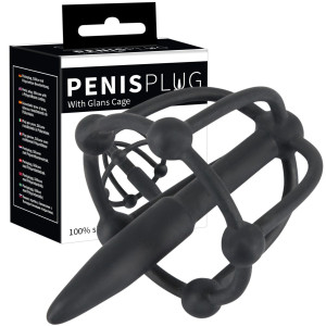 Penisplug with glans Nakładka na żołędzia z dilatorem, Czarna silikonowa