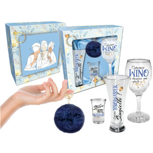 zestaw: szklanka do piwa 300ml, kieliszek do wina 220ml, kieliszek do wódki 35ml + brelok granat - gotowe