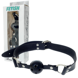 Knebel kulkowy z otworami i regulowanym paskiem, Czarny - Fetish Boss Series