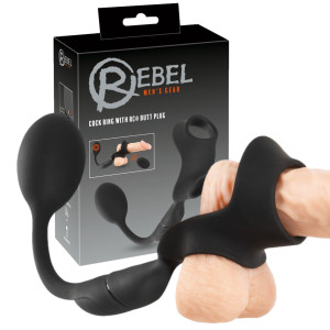 REBEL Cock ring with RC butt p - Opaska uciskowa na penisa z korkiem analnym, USB Czarny