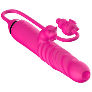 Boss Series Tongue licking Triple Stimulation Thrusting Vibrator - Wibrator z króliczkiem z funkcją pchania, USB Różowy