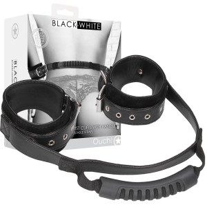 Bonded Leather Hand Cuffs With Handle - Kajdanki z uchwytem, Czarne
