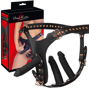 Bad Kitty StrapOn 3D - Potrójny Strap-on dla wymagających, Czarny