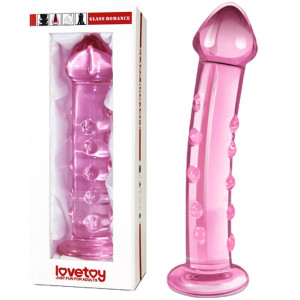 Lovetoy 7.5" Glass Romance Pink - Profilowane dildo szklane z wypustkami, Różowe