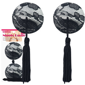 Lovetoy Reusable Black Lace Round Tassel Nipple Pasties - Nastuniki z frędzlami