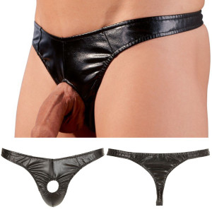 Im. Leather Men´s String męskie stringi czarne z otworem na penisa
