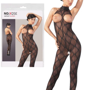 Czarny bodystocking z otwartym kroczem i odkrytymi piersiami
