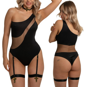 Czarne body Kora Black z paskami do pończoch