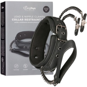 Obroża ze smyczą i klipsami na sutki - do zabaw BDSM - Czarna - Easy Toys