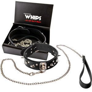 Obroża męska z ćwiekami i smyczą do zabaw BDSM - Czarna - WHIPS