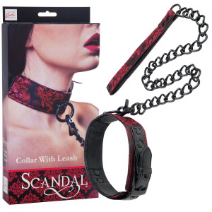 Czerwona obroża ze smyczą - do dominacji i zabaw BDSM - SCANDAL