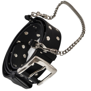Obroża BDSM w kształcie paska z ćwiekami i łańcuszkiem - Czarna - WHIPS