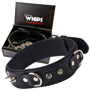 Obroża męska z ringami i smyczą - Czarna - WHIPS