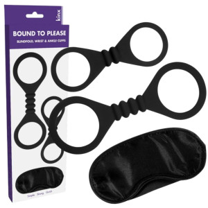 Please Blindfold Wrist And Ankle Cuffs Black Mankiety na nadgarstki z opaską na oczy
