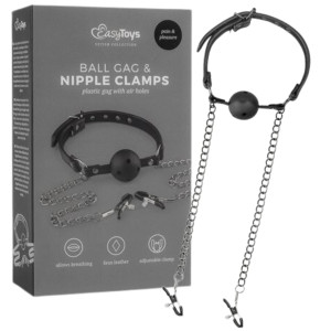 Knebel kulkowy z klipsami na sutki - do zabaw BDSM - Czarny - Easy Toys