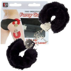 METAL HANDCUFF WITH PLUSH BLACK Kajdanki na ręce z futerkiem, Czarne BDSM