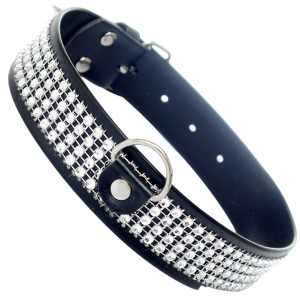 Obroża z diamencikami i ringiem - do BDSM, Czarna, Sztuczna skóra - Fetish Boss Series