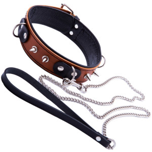 Ćwiekowana obroża niewolnika ze smyczą do zabaw BDSM - Brązowa - WHIPS