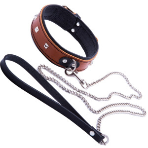 Obroża ze smyczą, kolor koniakowy, do zabaw BDSM - WHIPS