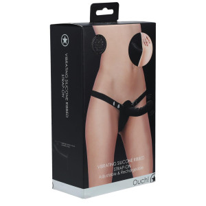 Czarny Strap-On z wibracjami i uprzężą, USB, silikonowy Ouch!