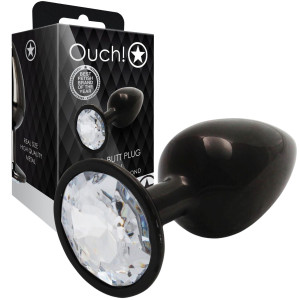 Round Gem Butt Plug - Small - Aluminiowy czarny korek analny z diamencikiem