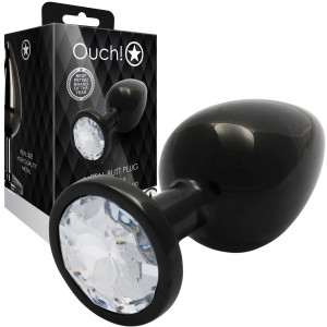 Round Gem Butt Plug - Medium - Aluminiowy czarny korek analny z diamencikiem