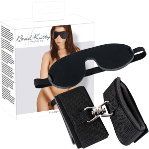 Bad Kitty Blindfold/Handcuffs Kit Kajdanki z opaską, Czarny BDSM