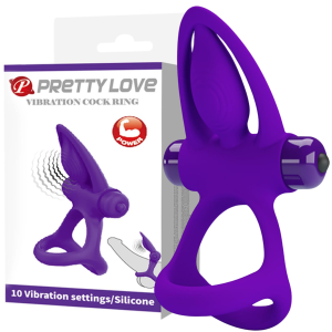Fioletowy pierścień wibracyjny ze stymulatorem łechtaczki na baterie - PRETTY LOVE