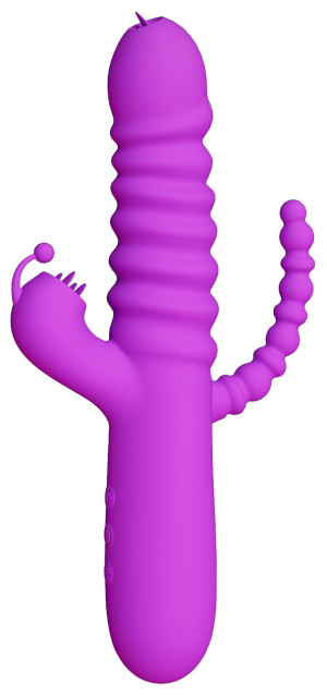 Różowy wibrator z króliczkiem - Triple thruster - do stymulacji pochwy i odbytu z funkcją pchania, USB - BOSS SERIES