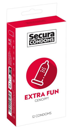 Lateksowe prezerwatywy - Extra Fun 12 sztuk - prążkowane, nawilżone - Secura