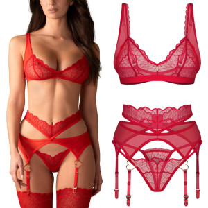 Cupide Desir elegancki komplet 3-częściowy w czerwonym kolorze z koronką