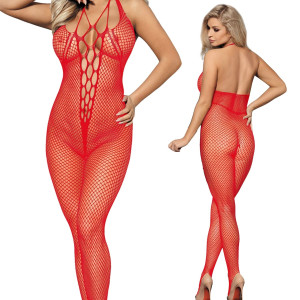 Czerwony prześwitujący bodystocking z delikatnej siateczki