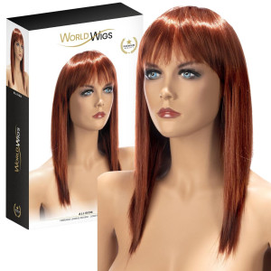 Peruka czerwona brązowa długie błyszczące włosy z grzywką od World Wigs