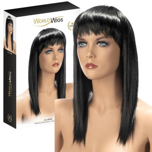 Peruka długie błyszczące czarne włosy z grzywką od World Wigs