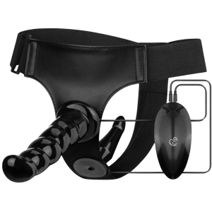 Wibrujący dwustronny Strap-On sterowany pilotem - na baterie - Czarny - Fetish Collection