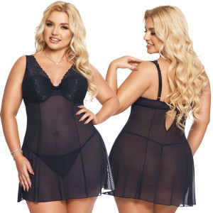 Granatowa koszulka nocna Berta Plus Size prześwitująca z usztywnianą miseczką