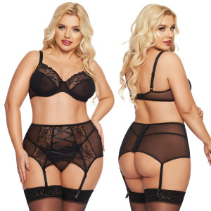Czarny komplet 3 częściowy Dolores - Plus Size wykończony koronką