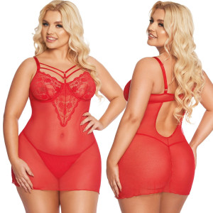 Dopasowana czerwona koszulka nocna Aldona - Plus Size wykończona koronką