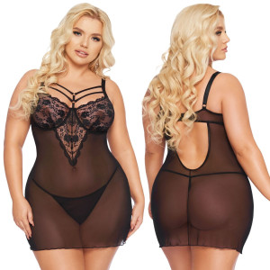 Czarna dopasowana koszulka prześwitująca Aldona - Plus Size - fiszbiny i koronka