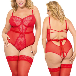 Czerwone body prześwitujące Amelia - Plus Size wykończone koronką