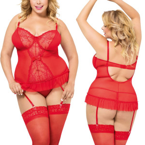 Czerwony gorset prześwitujący Dafne - Plus Size wykończony koronką
