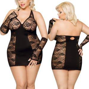 Czarna koszulka koronkowa Andrea - Plus Size z rękawiczkami
