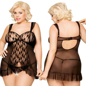 Czarna koronkowa koszulka Bianca - Plus Size z otwartym krokiem