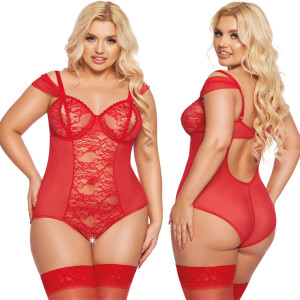 Czerwone koronkowe body Dora - Plus Size - fiszbiny w miseczkach