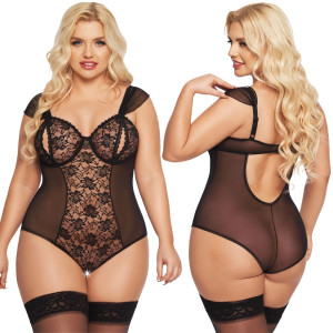 Czarne koronkowe body Dora - Plus Size - fiszbiny w miseczkach