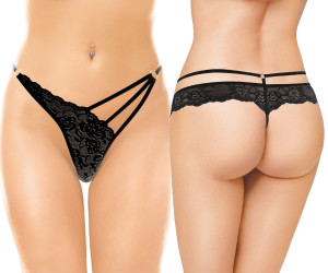 Czarne koronkowe String 2271 z ozdobnymi paskami